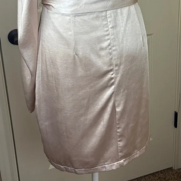 NWT Aakaa Champagne One Shoulder Lined Mini Dress w/ Ruffle Accent and Tie Belt - Picture 9 of 16